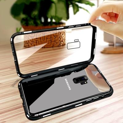 China 100% New For Samsung Galaxy A7 2018 Note 9 8 S8 S9 Plus J6 J4 Metal Armor Bumper Cover Shell Magnet Shell Magnetic Glass Case for sale