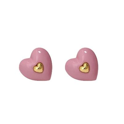 China High Quality Delicate Gold Plated Colorful Tarnish Brass Jewelry Double Enamel Heart Stud Earring For Girls for sale