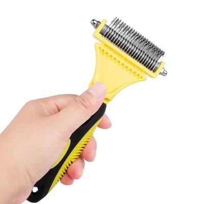 China Professional Stored Dog Dematting Comb Pet Hair Brush Double Sided Cutter Fur Knot Cat Grooming Shedding Brush For Pet Hair Tangles for sale