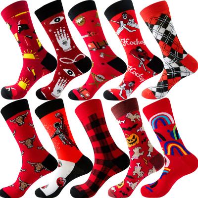 China 10PCS Christmas Cotton Classic Men's Soft Breathable Fluorescent Red Images Funny Patterned Socks Cheap Popular Cartoon Sports for sale