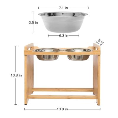 China Best Viable Selling Bamboo Wooden Adjustable High Dog Bowl Animal Feeders With 2 Stainless Steel Bowls for sale