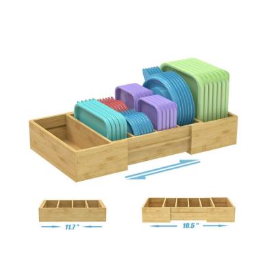 China Sustainable Expandable Bamboo Food Lid Organizer Adjustable Wooden Plastic Holder With Adjustable Dividers for sale