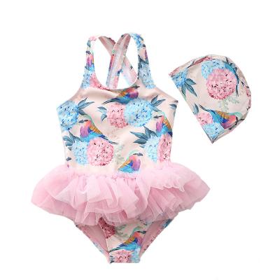 China Best Selling Cute Ballet Yarn Dress Breathable Girls Swimwear One Piece Swimsuit With Swimming Hat for sale