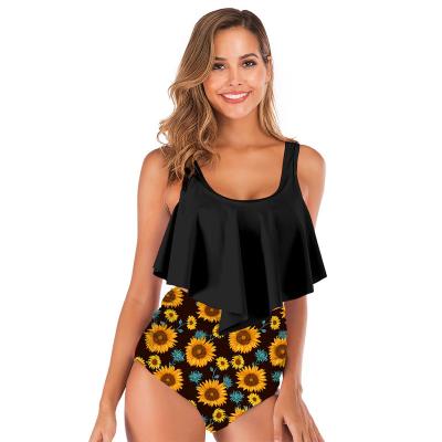 China High Quality Custom Printed Breathable Split Fly Pleated Strap Swimsuit Swimwear Set for sale