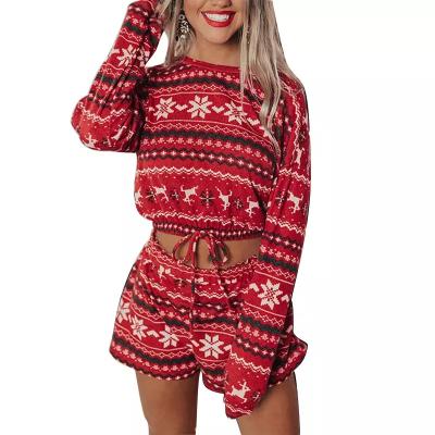 China 2 Piece Thermal Christmas Flannel Lounge Wear Snowflake Print Ladies Long Sleeve Shorts Winter Pajamas Set For Women for sale