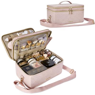 China Fashion Bagsmart Large Capacity Double Layer Rose PVC Cosmetic Bags Portable Cosmetic Make Up Case Bag For Ladies for sale