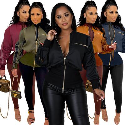 China 2021 new design Anti-wrinkle waist plastic drawstring coat solid zipper jacket for ladies patchwork bomber jacket for sale