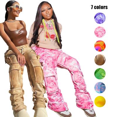 China Anti-Wrinkle 2021 Women Autumn Winter Thick Drawstring Stacked Pants Camouflage Jogger Cargo Custom Printed Sports Tracksuit With Side Pockets for sale