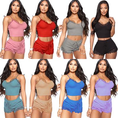 China 2022 Late Summer QUICK DRY Women's Sexy Sleepwear Lace Pajama Sets Women Cotton Knit 2 Piece Women's Tank Top Lounge Wear Sets Pajama Set for sale