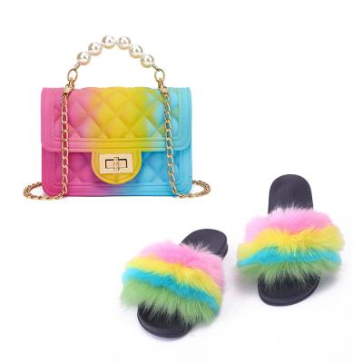 China CUSHIONING 2022 New Designer Women Mini Pvc Bags Handbags Fur Main Slides And Jelly Purse Fur Slides With Purse Set Assortment for sale