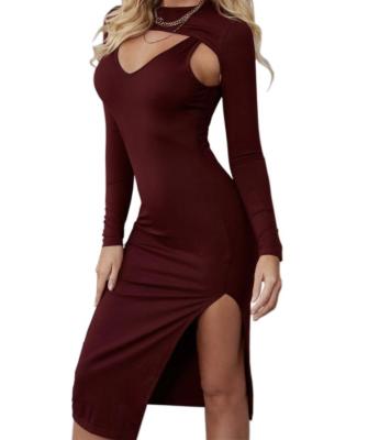 China Anti-Static Woman Ribbed Knit Drop Shoulder Side Split Edge Dress Two Piece Dress for sale