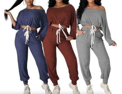 China Ladies School QUICK DRY Set Off The Shoulder Hoodies Pant Set With Waistband String for sale