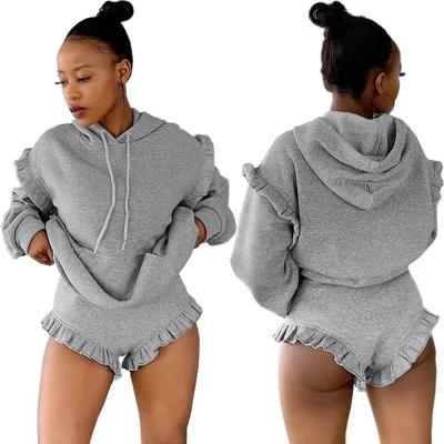 China Ruffle Detail Ladies Winter Hoodies Anti-Pilling Trotter Two Piece Pant Set for sale