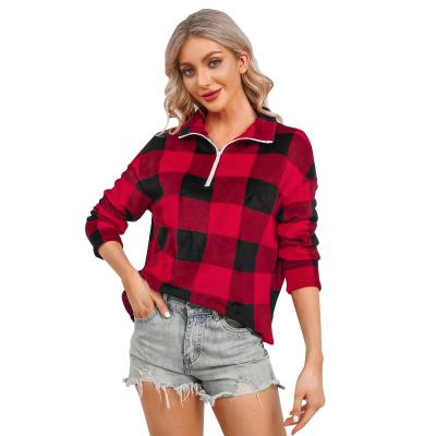 China Check Anti-pilling Printed Top Zipper Up Women Winter Casual Blouse for sale