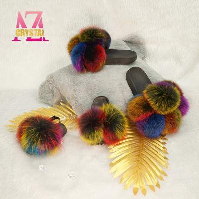 China Fashion trend USA MZ accept customized color popular big fox fur ball slides fur slides women fur slippers mommy and me fluffy sandals for sale