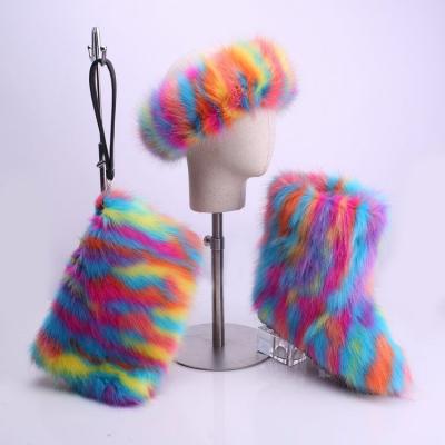 China Women And Kids Faux Fur Flat Hairy Colorful Flat Snow Boots Sets for sale