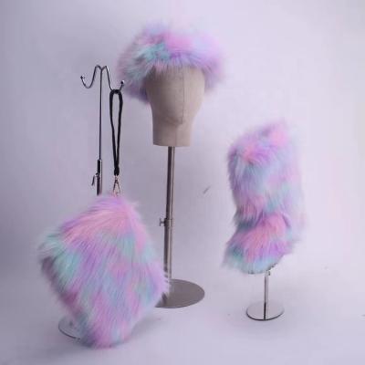 China FLAT Drop Shipping Cheap Cute Faux Fur Tassel Outdoor Winter Boots Set With Fur Headband Fur Purse Girls for sale