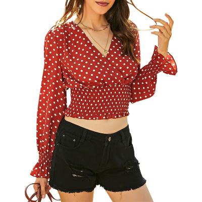 China QUICK DRY Factory Customize Women Catch Crop Fashion V-neck Long Sleeve DOT Print Casual Blouse Shirt Blouse Top Short Elastic Waist for sale