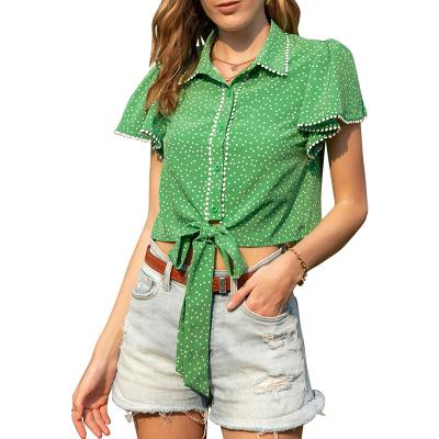 China Fashion Crop Breathable Customized Blouses For Turn-down Short Collar Shirt Blouse Summer Women Ladies Short Sleeve Sleeving Clothing for sale