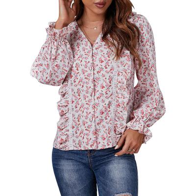 China Breathable Customized Floral Printing Women Clothing Long Sleeved Buttons Up Womens Blouses Ruffled Shirts Retro Women Blouses Puff Sleeve Shirts for sale