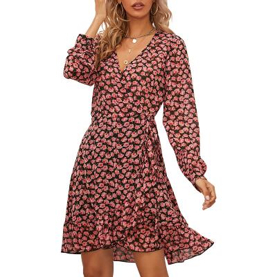 China Breathable Factory Customized Women's Long Sleeves Dress V-Neck Floral Print Dress Elegant Breathable Chiffon Spring Mini Dress for sale