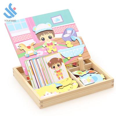 China Multi-function baby cartoon toy YF-X3015 kids jigsaw puzzle drawing board magnetic wooden puzzles change clothes for sale