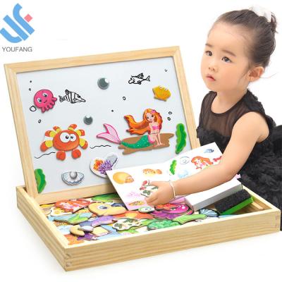 China New Design YF-X3010-14 New Design YF-X3010-14 Portable Toddler Baby Double-Sided Wooden Puzzle Educational Folding Magnetic Drawing Board for sale