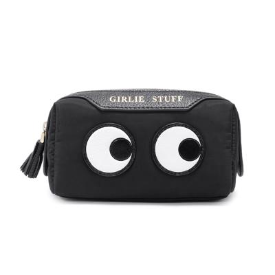 China Fashion high quality NYLON COSMETIC BAG POUCH WITH smiley face pattern PATCHES 3d logo sticker cosmetic bag for sale