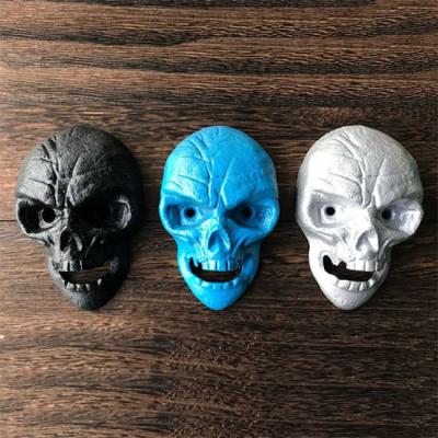 China Cool Innovative Cast Iron Skull Head Wall-mounted Bar Beer Bottle Opener, White Blue and Black Color, Engrave Logo for sale