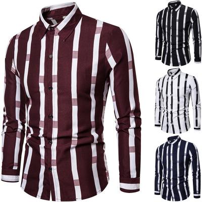 China Printed Striped Polyester / Cotton Mens Lapel Print Plus Size Shirt Mens Long Sleeve Shirts for sale