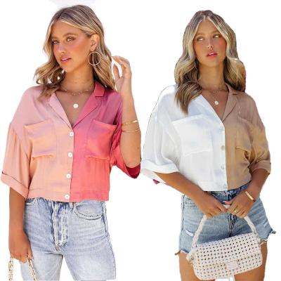 China Anti Shrinkage Women Fashion Contrast Color Shorts Sleeve Casual Ladies Shirt for sale