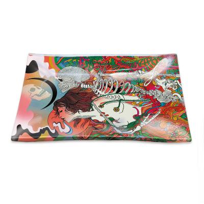 China Wholesale Cartoon Multicolor Smoke Smoking Set Of Tray Glass Cigarette Rolling Tray 16*12cm for sale