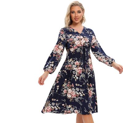 China New Arrival Women's Anti-static Floral Print Tie Top Navy 3/4 Sleeve V-Neck Spring Summer Waist Beach Casual Dress for sale