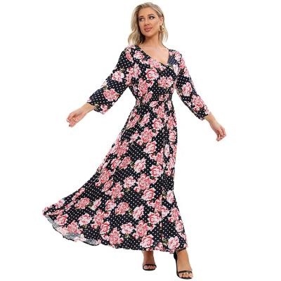 China Anti-Static Women's V-Neck Spring Summer Button Through High Waist Smocked Casual Beach Floral Print Maxi Dress for sale