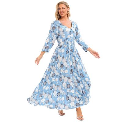 China Anti-Static Women's V-Neck Spring Summer Button Through High Waist Smocked Casual Beach Floral Print Maxi Dress for sale