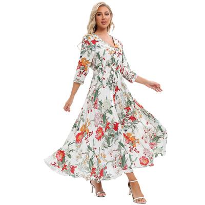 China Anti-Static Women's V-Neck Spring Summer Button Through High Waist Smocked Casual Beach Floral Print Maxi Dress for sale