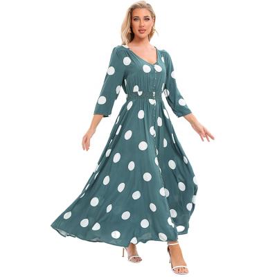 China Anti-Static Women's V-Neck Spring Summer Button Through Polka Dots High Waist Smocked Casual Beach Print Maxi Dress for sale