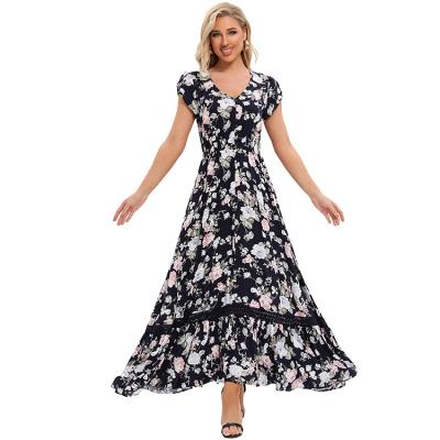 China Anti-Static Women's V-Neck Spring Summer Button Through Floral Print Beach Casual Dress Smocked Maxi Dress Side Entry Pockets High Waist for sale