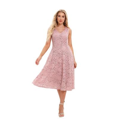 China New Arrival Anti-static Women's Summer V-Neck Pink Casual Stretch Lace Spandex Sleeveless Nylon Fit And Flare Long Dress for sale