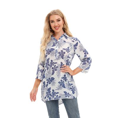 China Anti-pilling Ladies Summer 3/4 Sleeve Rayon Wicking Printed Fabric Shirt Collar By Nylon Sheet With Buttons Longer Length Blouse Tunic Casual Shirt for sale