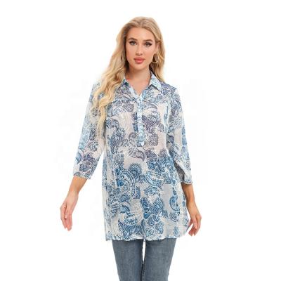 China Anti-pilling Ladies Summer 3/4 Sleeve Printed Chiffon Paisley Design Embroidered Chiffon Paisley Design Longer Collar Length Blouse Casual Tunic Shirt for sale