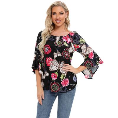 China Summer New Arrival Women's Anti-Pilling Off Marilyn Mandarin Flare Sleeve Blouse Neckline Printed Butterfly Shoulder Rayon for sale