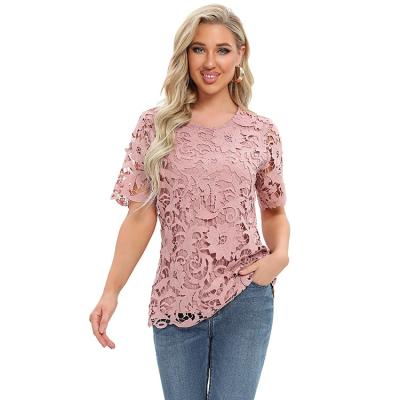 China Anti-wrinkle Women's New Arrival Summer Scoop Neck Outer Crochet Lace Up Front Knit Jersey Casual T-shirt for sale