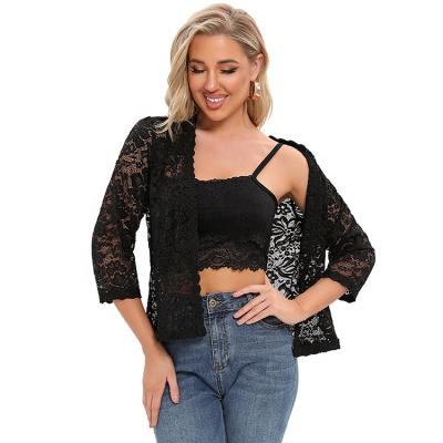 China Anti-wrinkle Women's Spring Summer Floral Stretch Lace Tops With Three Quarter Sleeve Lace Bolero for sale