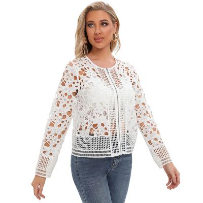 China Anti-wrinkle woman's new arrival zipper see through white floral crochet lace up jacket fashion ladies formal jacket for sale