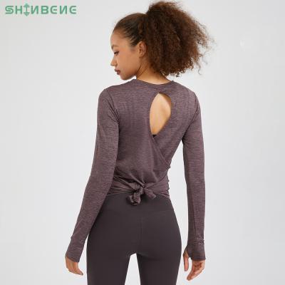 China Sweat-Wicking SHINBENE Shirts Women's Long Sleeve Sports Fitness Back Cutout Elastic Nylon Long Sleeve Gym Tank Tops With Thumb Hole for sale