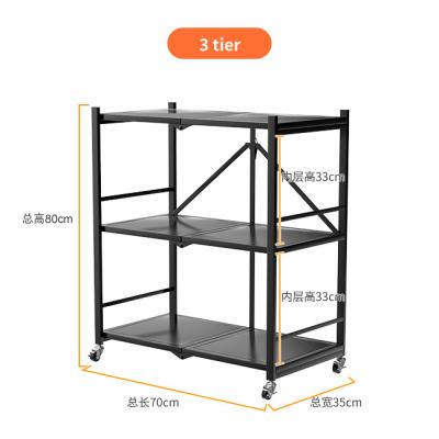 China Sustainable Multifunction Black Metal Folding Rack With Wheels Microwave Oven Rack Organizer For Kitchen for sale