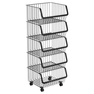 China Stainless Steel Sustainable Black Rolling Fruit Vegetable Wire Stackable 5 Tier Mobile Basket With Wheel Kitchen Organizer for sale