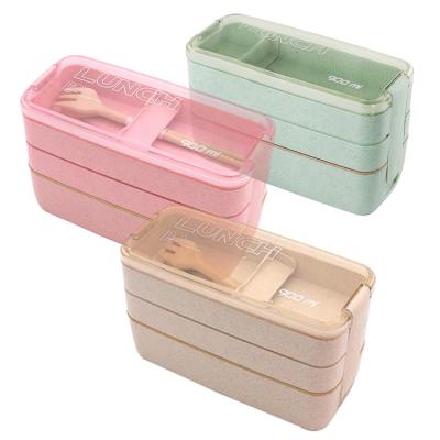 China New Microwavable Leakproof Spoon Set 3 Compartment Microwavable PP Biodegradable Bento Wheat Straw Plastic Lunch Box for sale