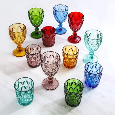 China Traditional In Stock Etched Stained Custom Wine Glasses Amber Green Blue Pink Water Goblets Solid Color Wine Drinking Set Cup for sale